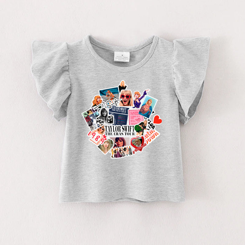 （Pre Order）Girls Cartoon Print Grey Cotton Ruffles Top