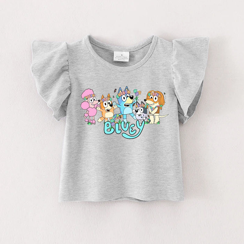 （Pre Order）Girls Cartoon Print Grey Cotton Ruffles Top