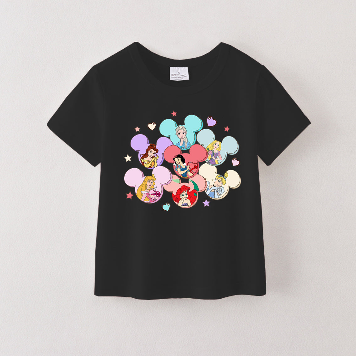 （Pre Order）Summer Girls Black Cotton Black Cartoon Print T-shirt