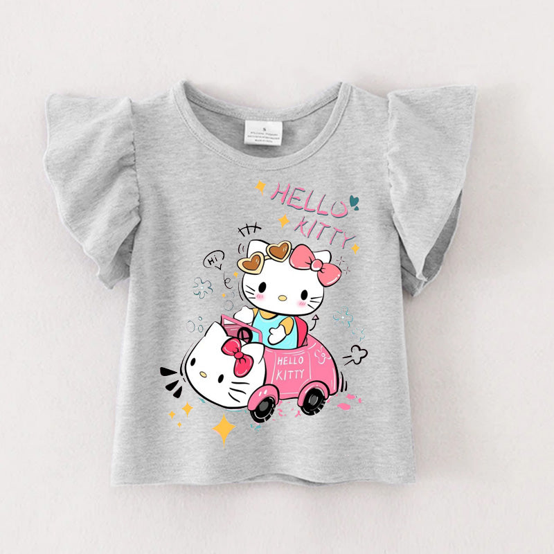 （Pre Order）Girls Cartoon Print Grey Cotton Ruffles Top