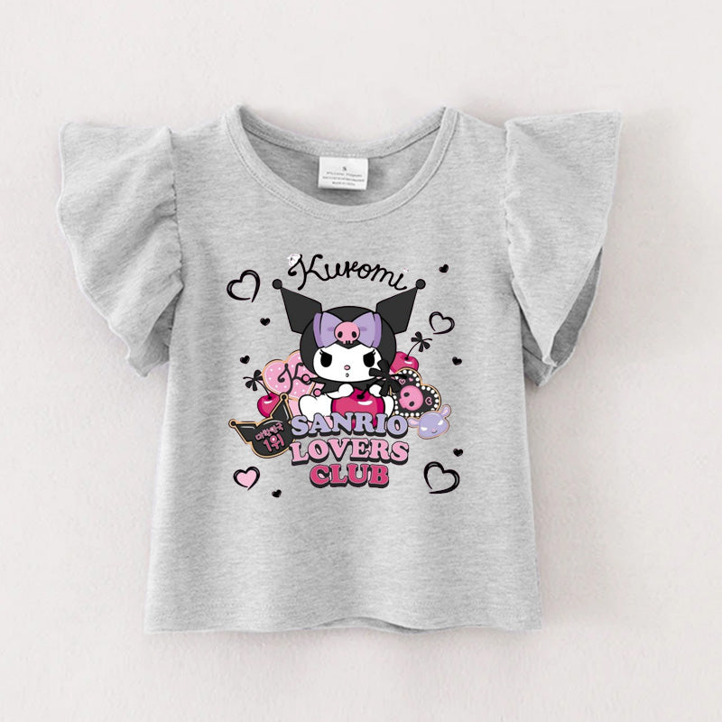 （Pre Order）Girls Cartoon Print Grey Cotton Ruffles Top