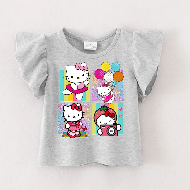 （Pre Order）Girls Cartoon Print Grey Cotton Ruffles Top