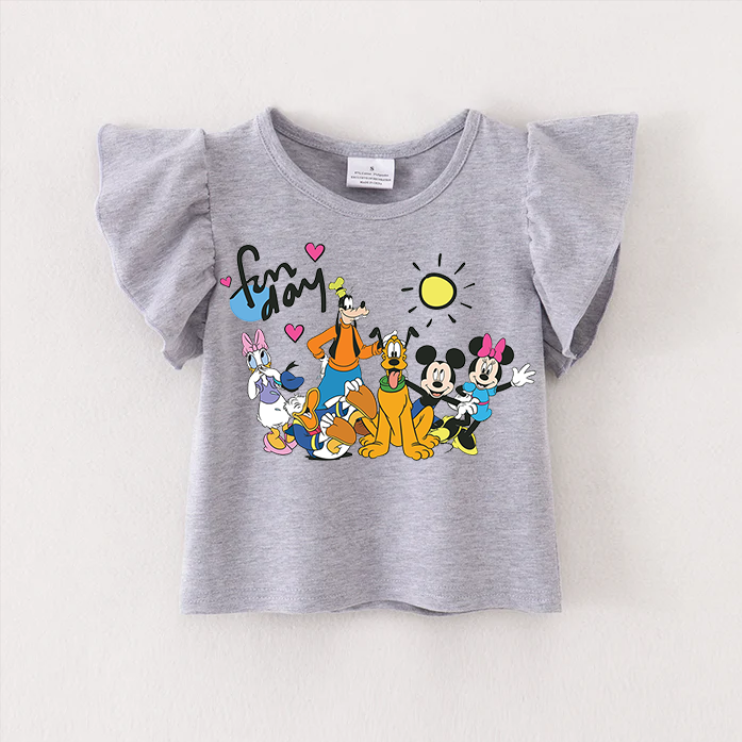 （Pre Order）TS Cartoon Print Grey Cotton Essential Ruffles Top