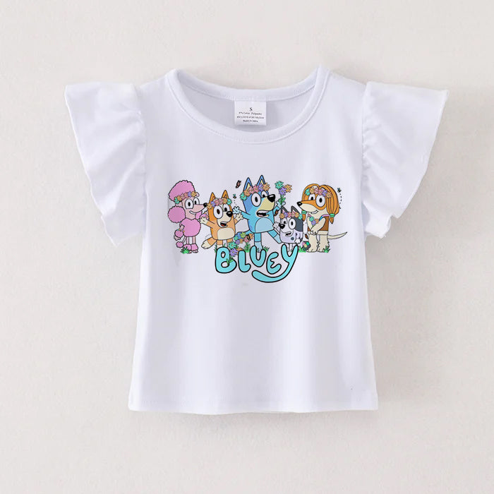 （Pre Order）TS Cartoon Print White Cotton Essential Ruffles Top