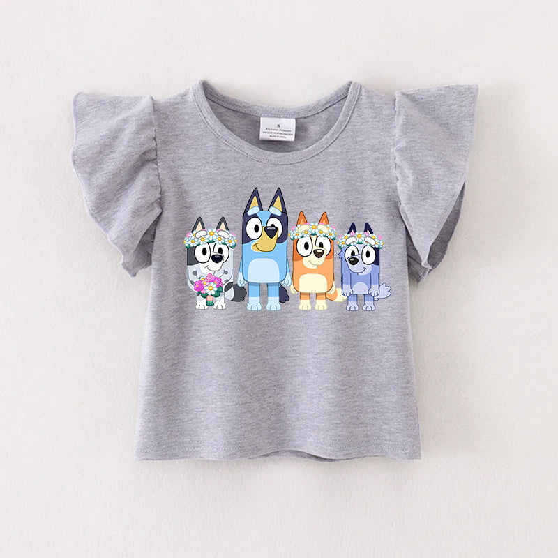 （Pre Order）Cartoon Print Grey Cotton Essential Ruffles Top