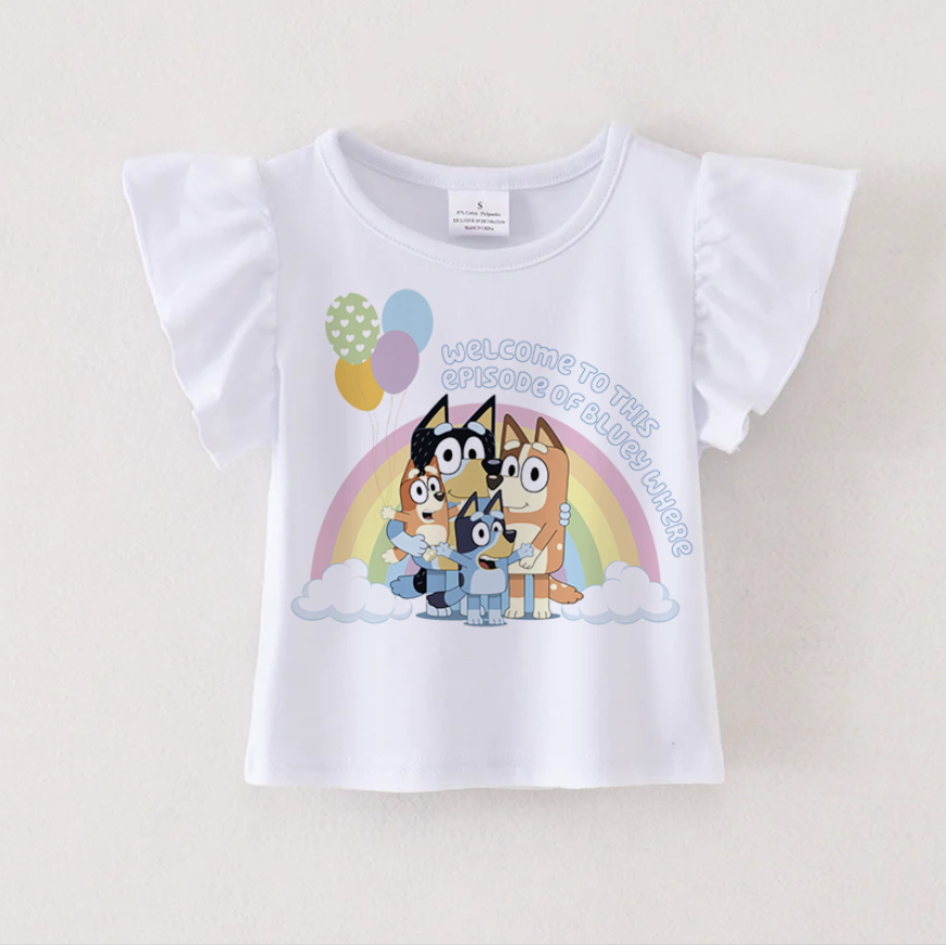 （Pre Order）Cartoon TS Print White Cotton Essential Ruffles Top