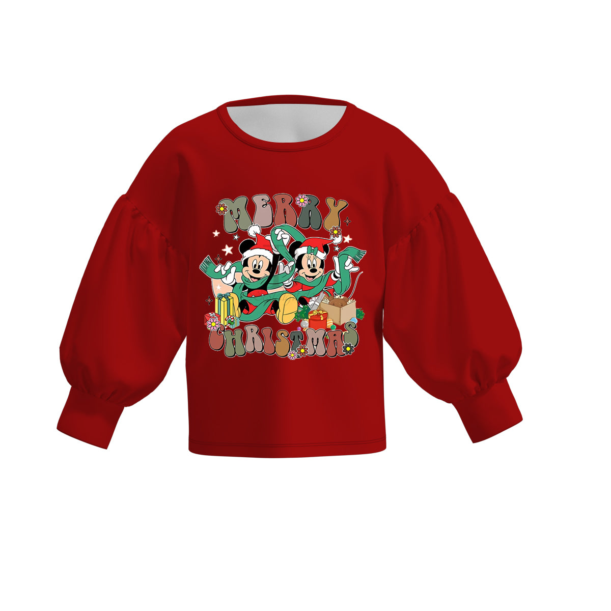 （Pre Order）Girls Christmas Print Puff Sleeve Top