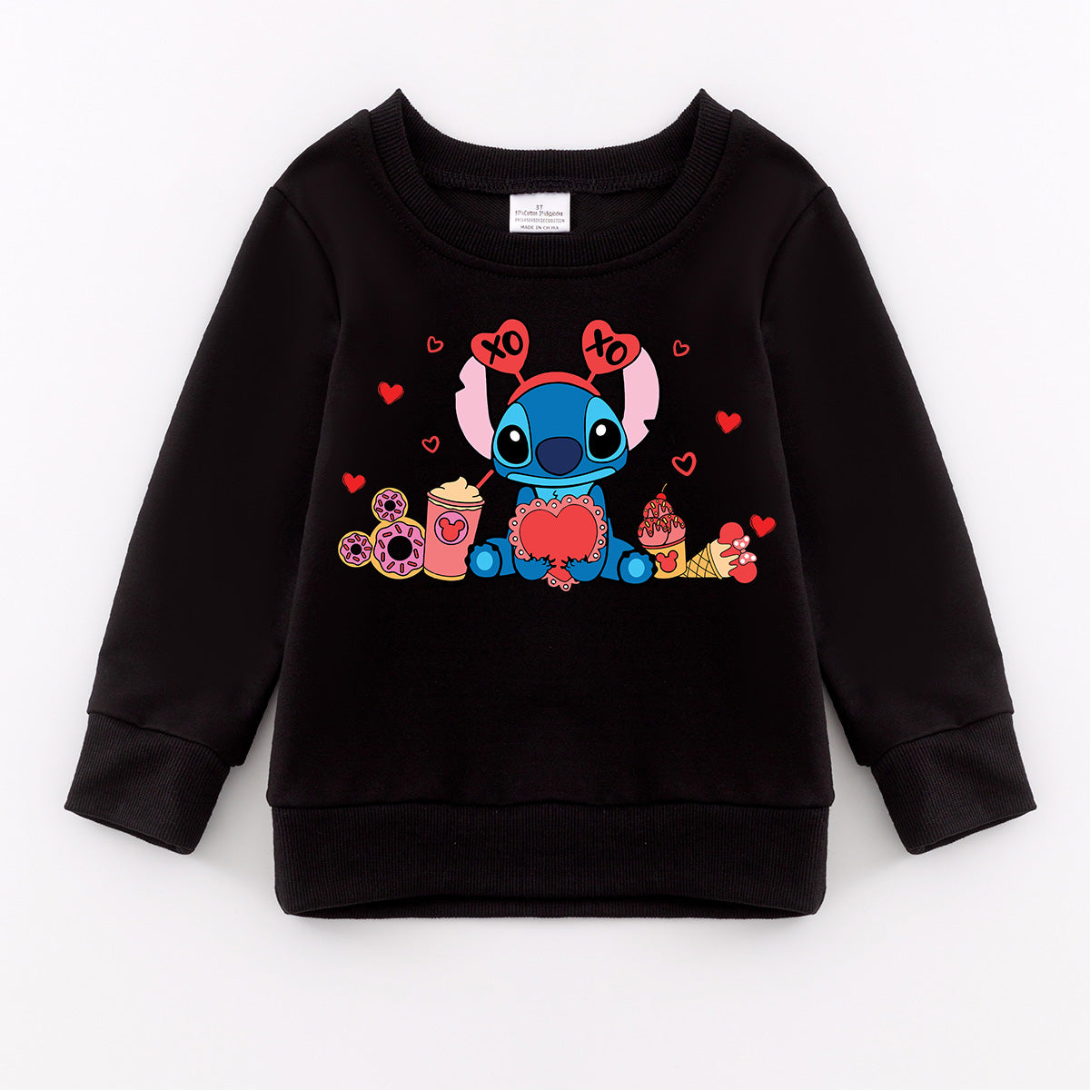 （Pre Order）Girls Valentine's Day Cartoon Print Black Sweatshirt