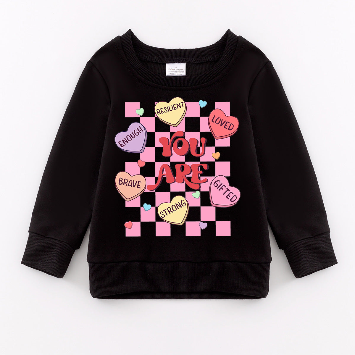 （Pre Order）Girls Valentine's Day Cartoon Print Black Sweatshirt