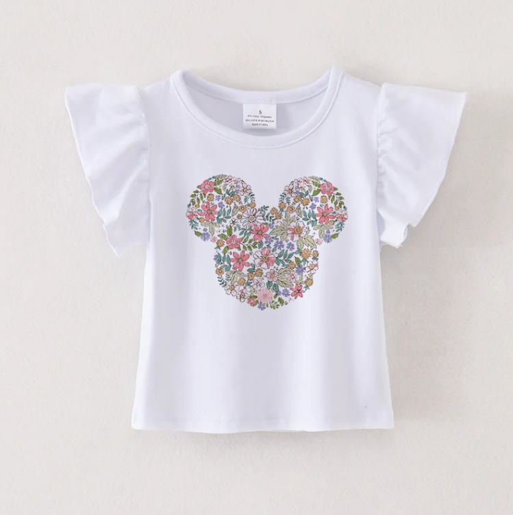 （Pre Order）Girls Spring and Summer Cartoon Print Flying Sleeves Top