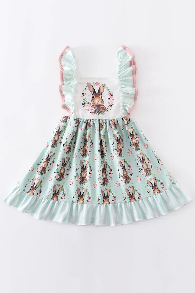 Easter Girls Bunny Floral Print Belt Dress