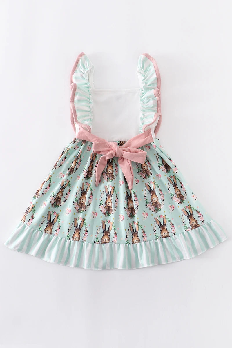 Easter Girls Bunny Floral Print Belt Dress
