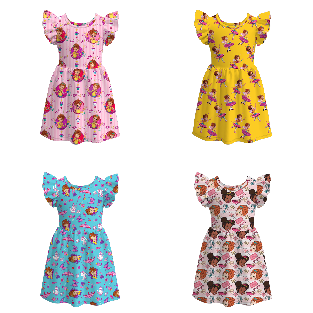 （Pre Order）Girls Spring and Summer Cartoon Character Print Flying Sleeves Dress