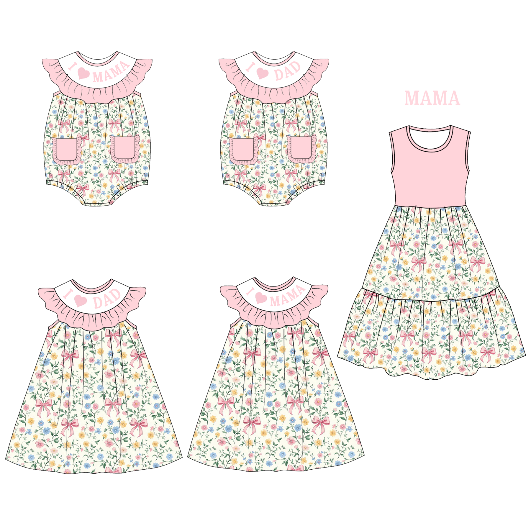 （Pre Order）Mommy and Me I♥MAMA,I♥DAD Embroidery Smocked Dress,Romper