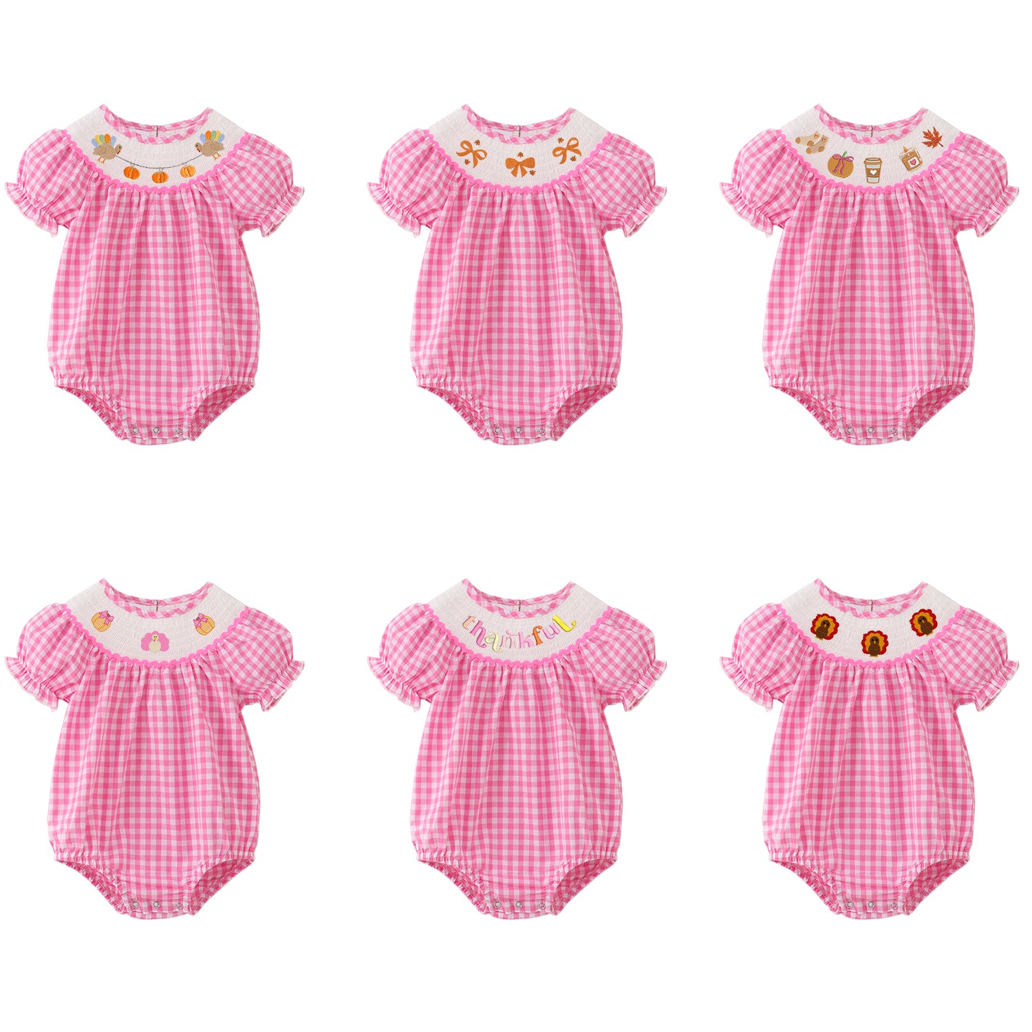 （Pre Order）Baby Girls Pink Plaid Thanksgiving Embroidery Smocked Romper