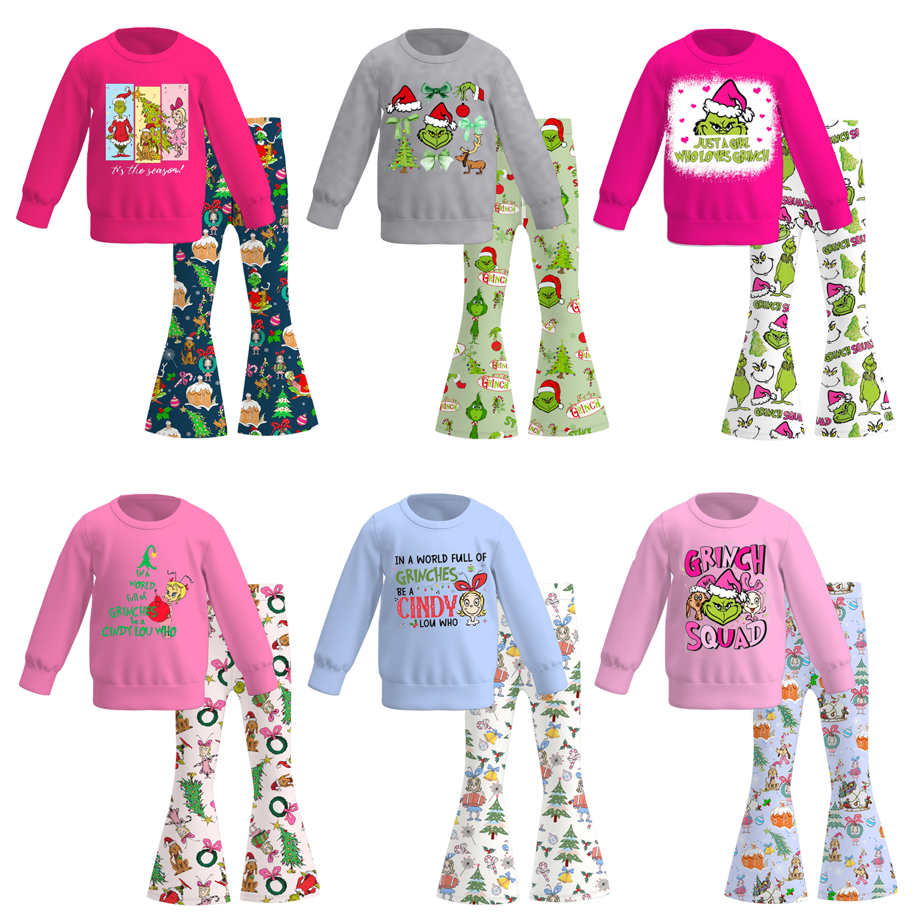 （Pre Order）Girls Christmas Cartoon Print Sweatshirt Bell Pants Set