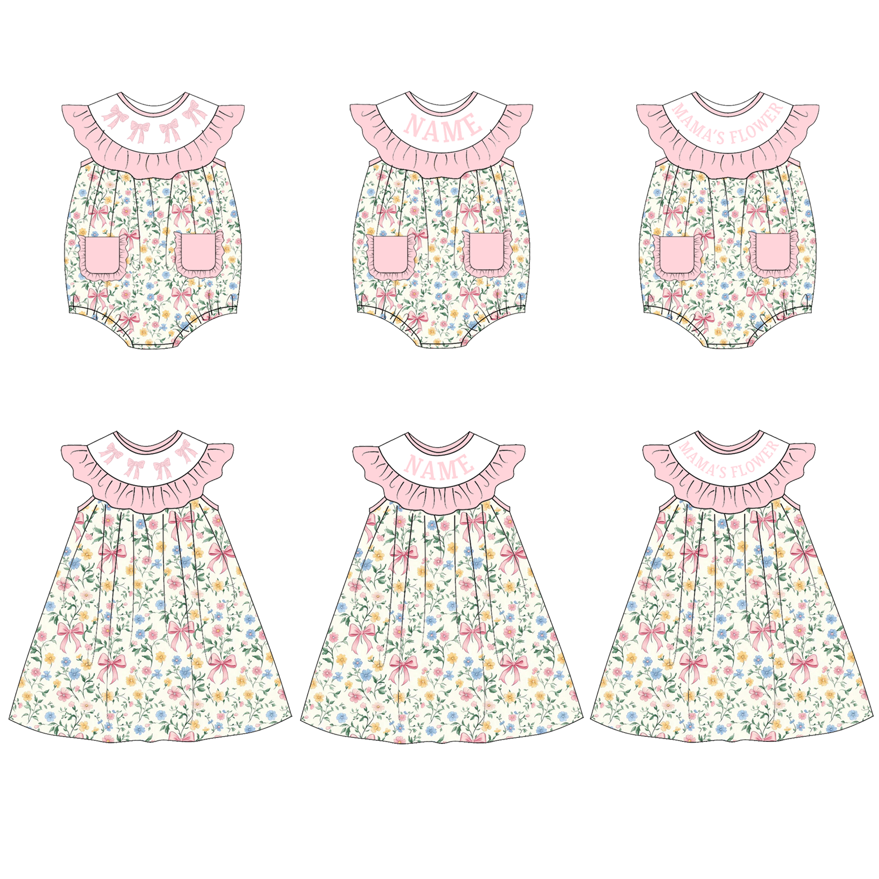 （Pre Order）Mommy and Me MAMAS FLOWER＆Bow Embroidery Smocked Dress,Romper